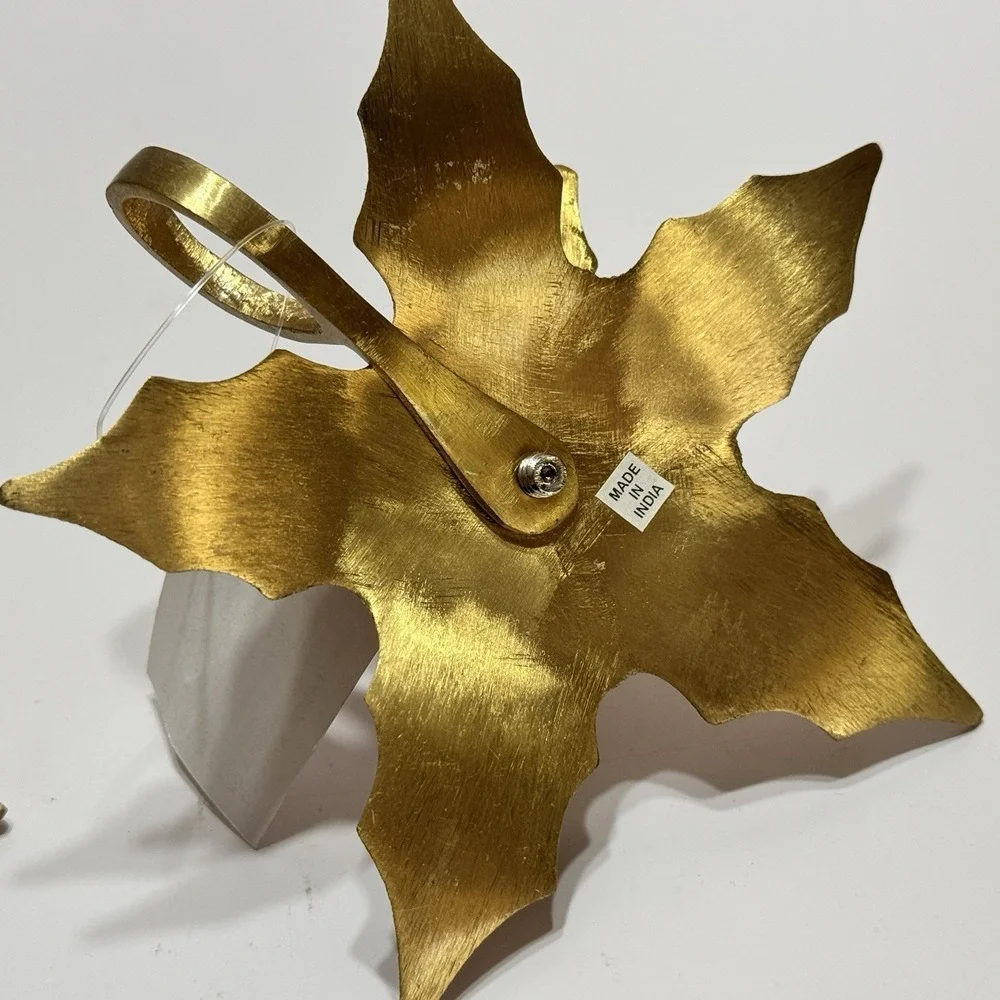 Pair Poinsettia Brass Leaf Candle Holder India Royal Gallery Christmas 2 Vtg New